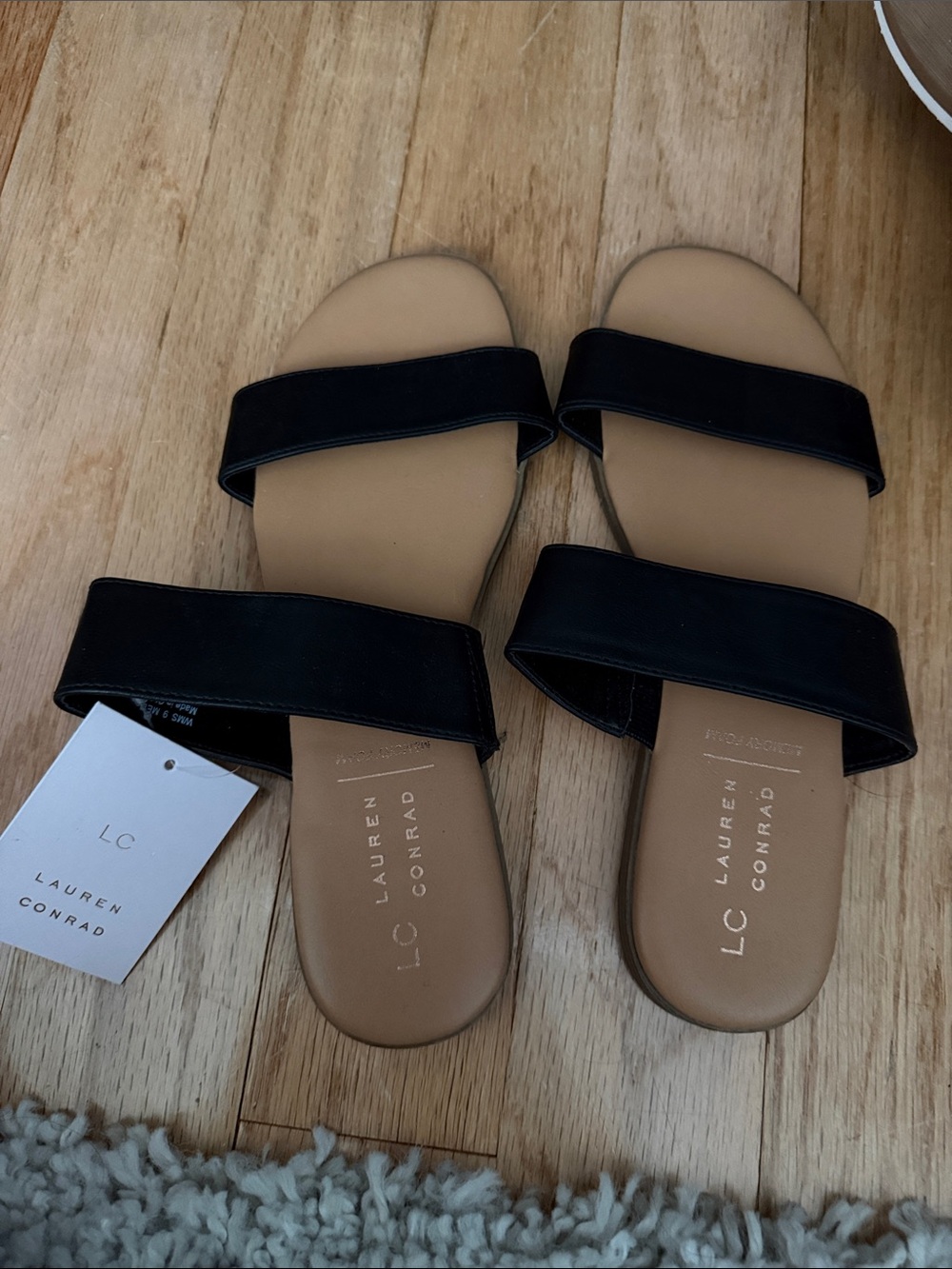 LC Lauren Conrad Black and Tan Double-Strap Slide Sandals